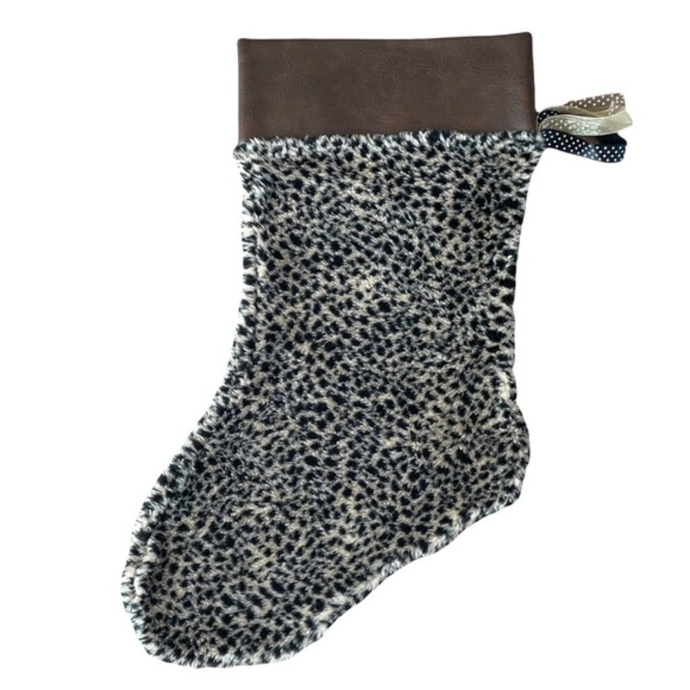 Cheetah Print fleece and Faux Leather Trim Christmas Stocking